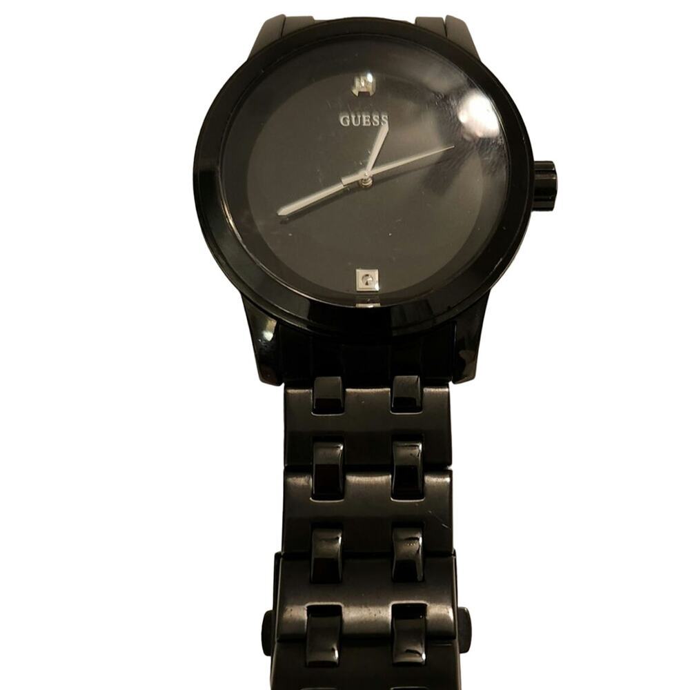 Guess Mens black watch Rhinestones logo needs battery TESTED see details